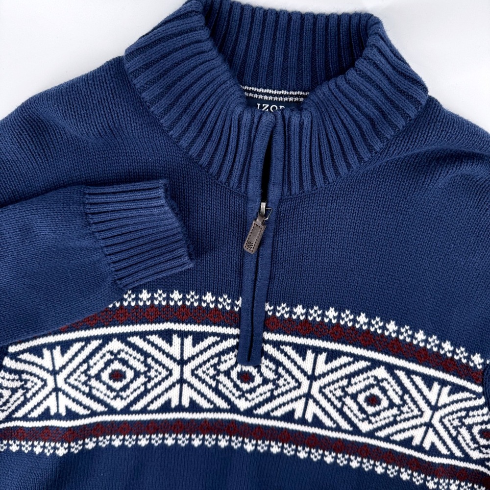 IZOD Quarter Zip Sweater Sz XL Navy Blue Fair Isle Geometric Mock Neck Pullover